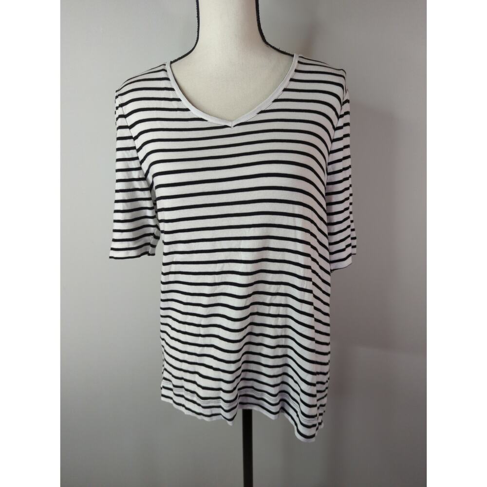Chico's White & Black Striped Print The Ultimate Tee Women's Large Supima Cotton